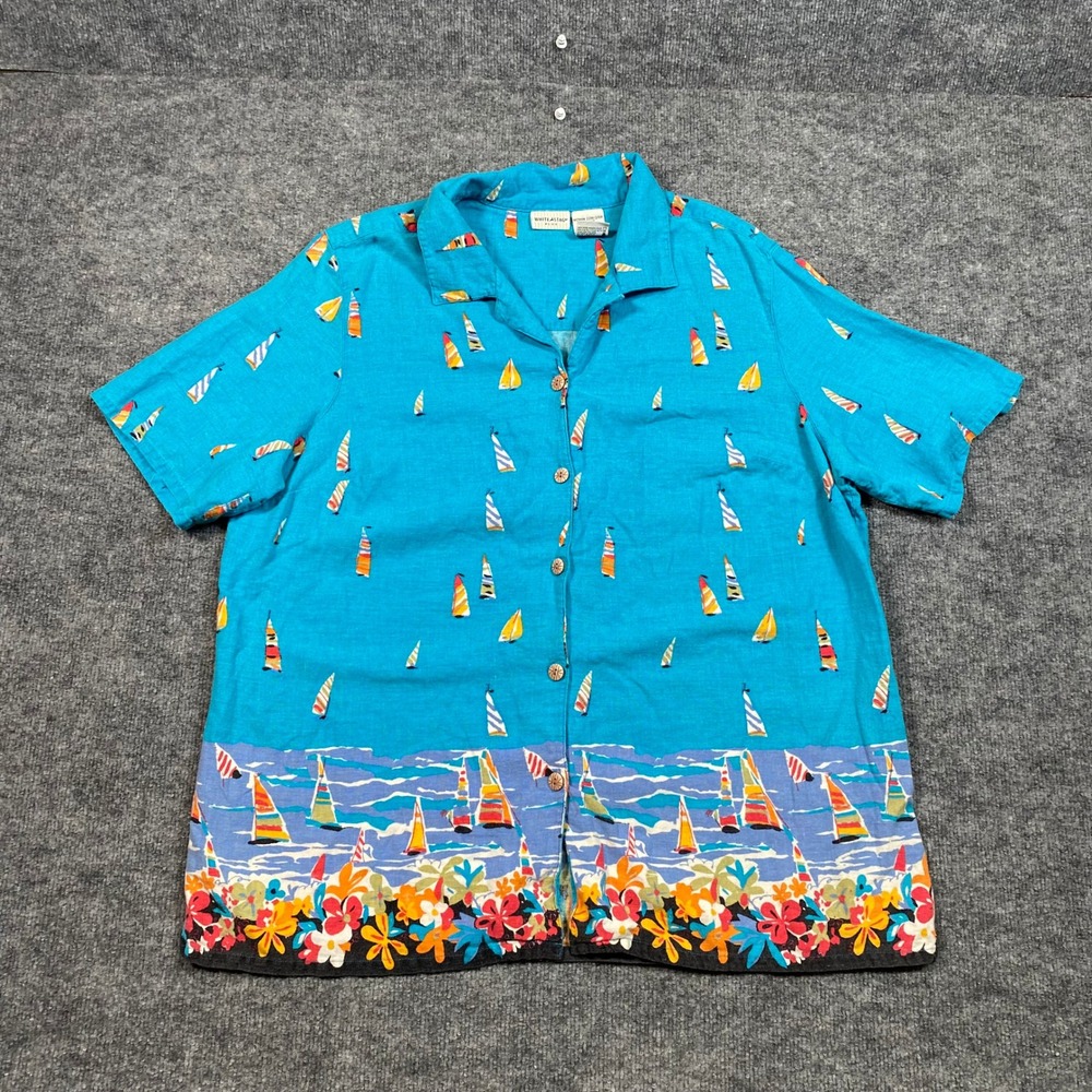 White Stag Plus Women 22W 24W Linen Blend Sailboat Tropical Button Down Shirt